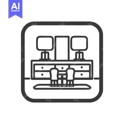 Aset desain premium: Minimalist Vanity Icon: Dresser, Mirror, Lamps, and Chairs in Bold Out
