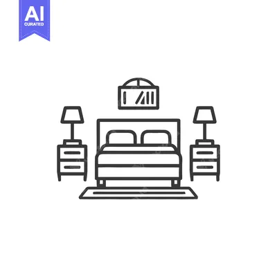 Premium design asset: Minimalist Bedroom Line Art: Bed, Nightstands, Lamps, and Wall Decor
