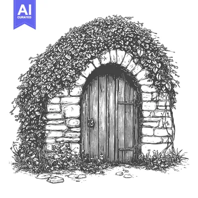An arched wooden door is covered in lush green foliage growth