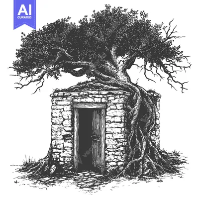 Premium design asset: An Ancient Stone Structure Surrounded And Covered By A Large Tree