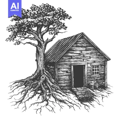 Aset desain premium: A detailed illustration features an old rustic cabin and large tree