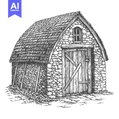 Aset premium populer: A Detailed Black and White Illustration of a Stone Barn