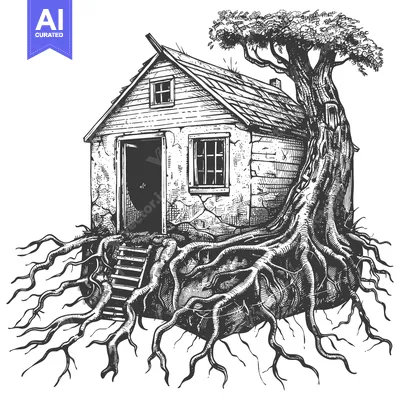 Aset desain premium: A small house grows roots from a tree in artistic illustration