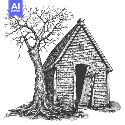Aset desain premium: A grayscale line art illustration depicting a rustic building and tree