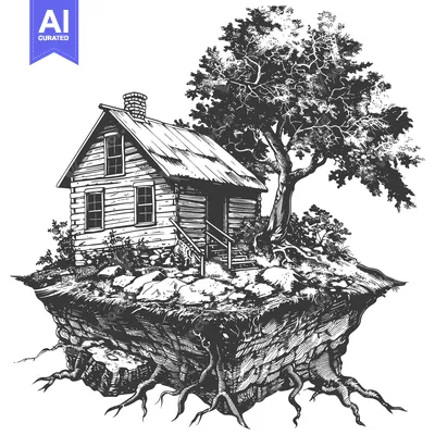 Aset desain premium: A small cabin with a tree growing on a floating land mass