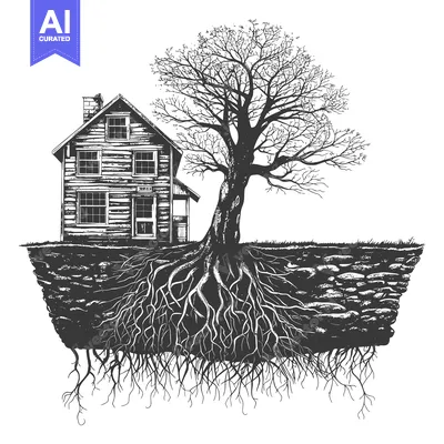 Aset premium populer: A detailed black and white drawing of a house and a tree