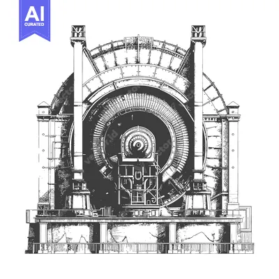 Aset desain premium: A detailed illustration of a large circular mechanical device