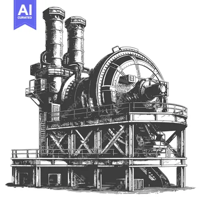 Aset desain premium: Industrial machine with smokestacks and a large circular wheel stands