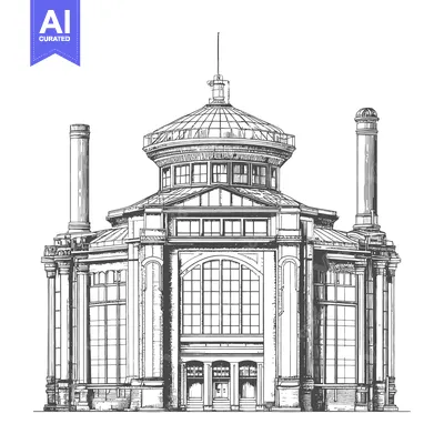 Detailed monochrome line drawing of a large round building structure