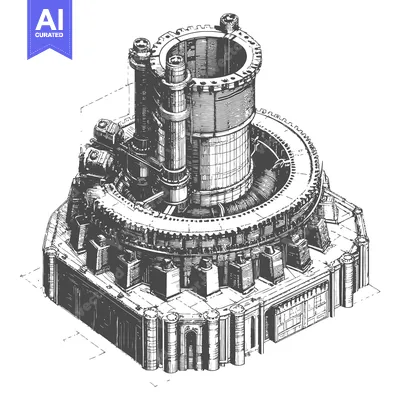An intricate isometric illustration of a tall industrial structure