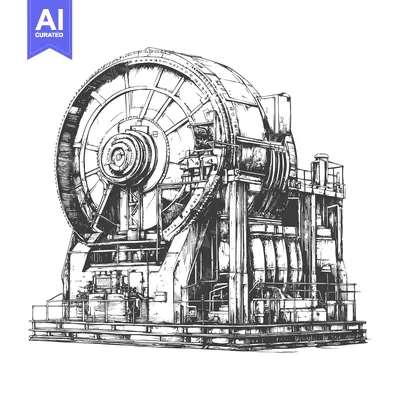 Aset desain premium: Detailed ink drawing depicts a complex mechanical industrial machine