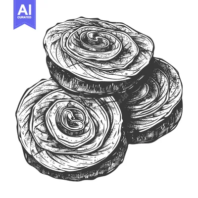 Aset premium populer: Three stacked swirls of baked food presented in a drawing
