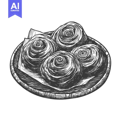 Four swirled rolls are displayed on a round wicker plate