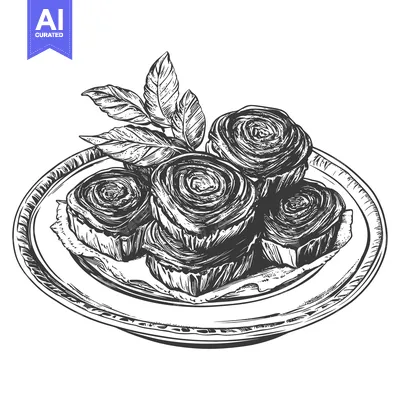 Aset premium populer: Detailed black and white drawing of pastry rolls on a plate