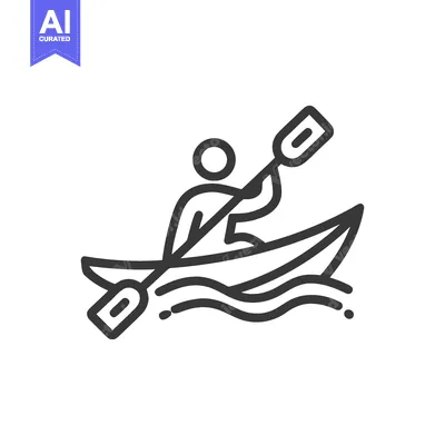Minimalist Kayaking Icon: Person Paddling Boat on Water Waves