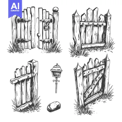 Aset desain premium: Rustic Wooden Gates and Fence Elements with Grass, a Lamp Post and a R