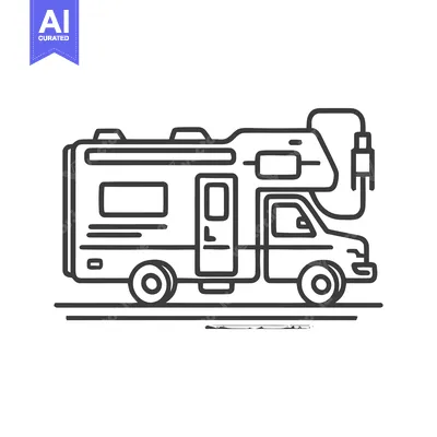 Aset desain premium: Minimalist RV Illustration: Black Outline on White Background, Travel