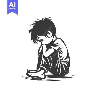 Aset desain premium: Sad Boy Sitting with Arms Around Knees