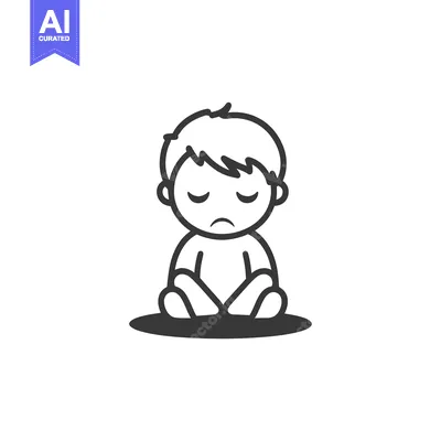 Sad Cartoon Boy Sitting with Legs Crossed