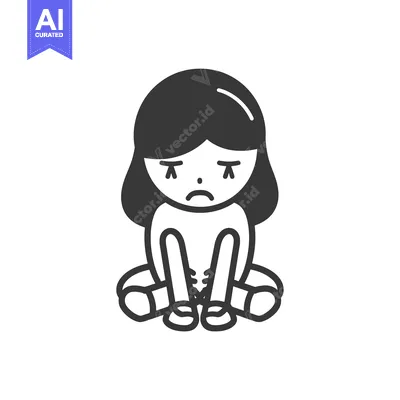 Sad Cartoon Girl Sitting with Legs Crossed