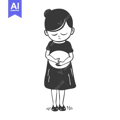 Sad Cartoon Girl with Hair Bun and Dress
