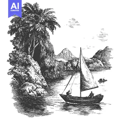 Sailboat Navigating Through a Lush Tropical Inlet