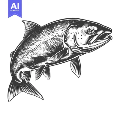 Aset premium populer: Detailed grayscale illustration featuring a salmon fish angled slightl