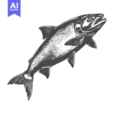 Aset premium populer: A detailed drawing depicting a single large fish jumping upwards