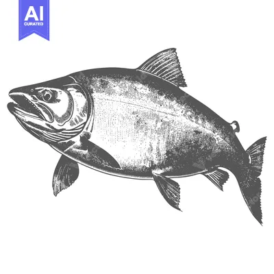 Aset premium populer: A detailed grayscale illustration of a swimming fish in water