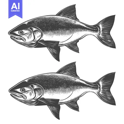 Aset premium populer: Two detailed monochrome drawings of fish are presented clearly