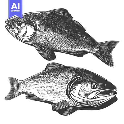 Aset premium populer: Two detailed artistic illustrations depicting different types of fish