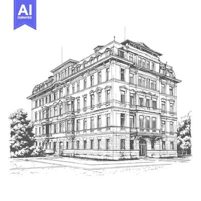 Aset premium populer: A Detailed Architectural Illustration of a Large Building with Trees