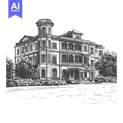 Detailed black and white illustration of a large stately mansion build