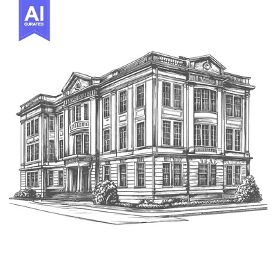Aset premium populer: Detailed black and white architectural illustration of a grand buildin