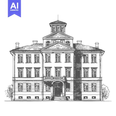 Aset desain premium: An elegant vintage style illustration depicts a stately building facad