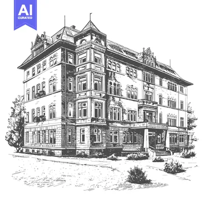 Popular premium asset: Elegant sketch depicts a large historic building with intricate archit