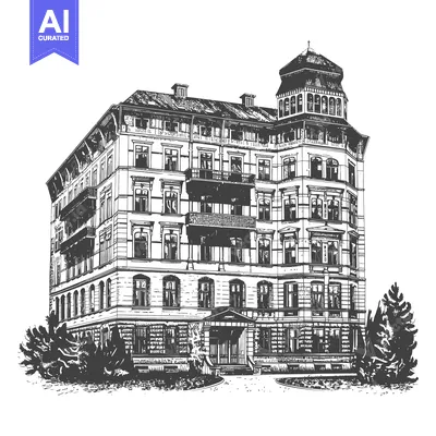 Detailed architectural illustration of a multi story building with tre