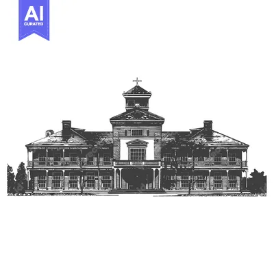 An illustrated perspective rendering shows a grand colonial architectu