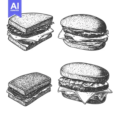 Four different types of sandwiches in a detailed grayscale drawing