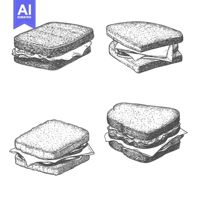 Aset premium populer: Four Different Drawn Sandwiches With Various Fillings Represented