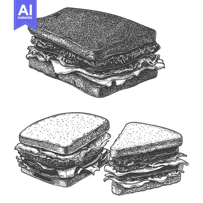 Aset desain premium: Detailed vintage illustrations of different sandwiches on white backgr