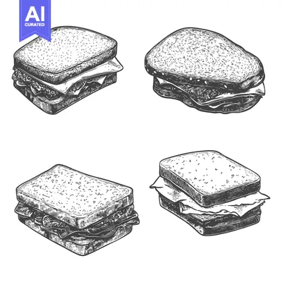 Four different sketched sandwiches with varying ingredients in detail