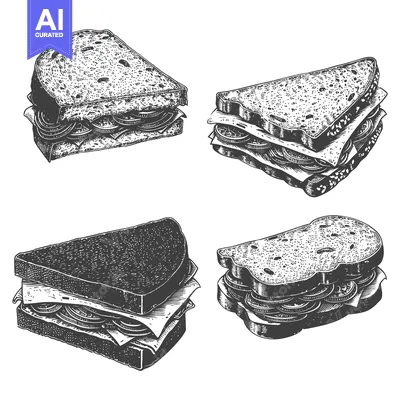 Aset desain premium: Four detailed illustrations showcasing various sandwich arrangements a