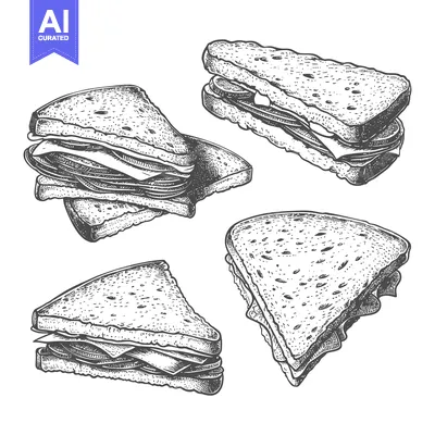 Aset desain premium: Four illustrations show various sandwich arrangements in a sketch styl