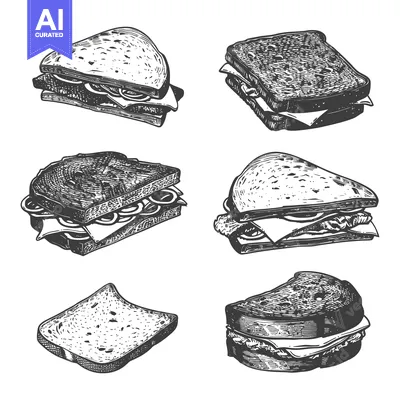 Aset desain premium: A collection of hand drawn illustrations of sandwiches on white