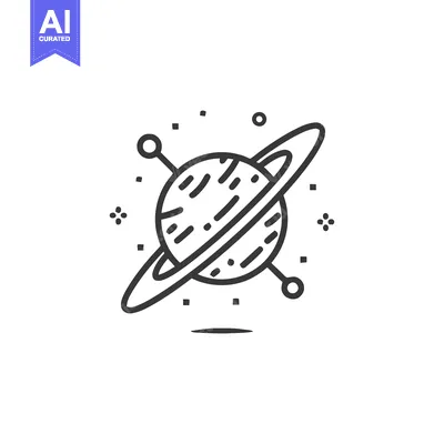 Minimalist Planet Icon with Rings and Satellites, Black and White Line