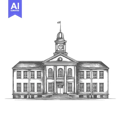 Detailed illustration of a large vintage building with a clock tower