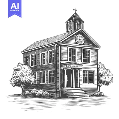 Black and white illustration of a vintage building with trees