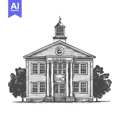 Aset desain premium: A detailed architectural illustration depicting a classical building s