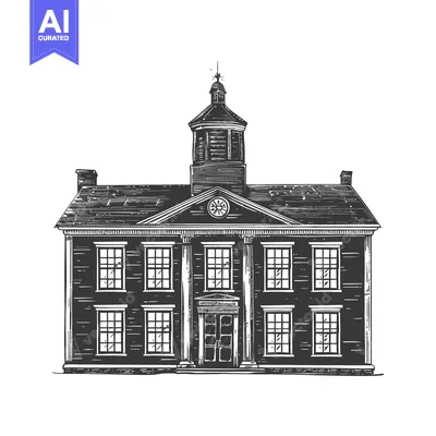 Aset desain premium: A detailed black and white illustration of a building with a cupola
